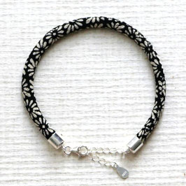 Bracelets cordons japonais et argent fleurs blanches sur noir 2 tailles