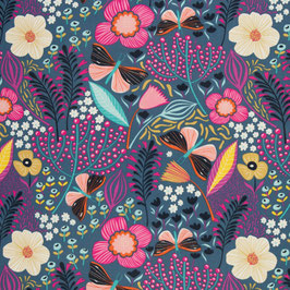 Leona - beschichtete Baumwolle - Schmetterlinge, Blumen, Rauchblau [mengenfeld]