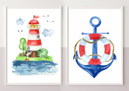 Wandbilder Set "Leuchtturm & Anker"