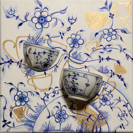 Kaffeezeit blau weiß Öl auf Leinwand 30x30cm
