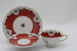 3tlg. Sammeltassengedeck VEB Lichte Porzellan gold rot Rosen Muster DDR
