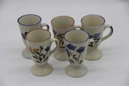 5er Set Keramik hohe Kakaotasse Kaffeetasse a. Fuß grau blau Blumen retro Design