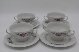8tlg. Set Ilmenau Graf von Henneberg Suppentassen mit Tellern lila Blumen DDR