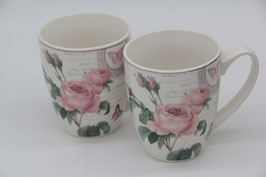 2er Set große Kaffeetassen Kaffeebecher Rosen rosa Motiv Teetassen Porzellan