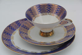 3tlg. Sammeltassengedeck Winterling Schwarzenbach Porzellan gold blau Muster