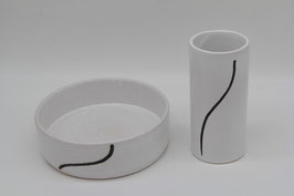 2tlg. Keramik-Set Keramikschale + Vase Zylinder rund modern weiß schwarz Strich