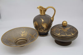 3tlg. Rauchglas Vase Schüssel Dose Schale Golddekor Füger und Taube 1960er Vögel