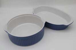 große runde / ovale Auflaufform Pastetenform Kochgeschirr blau weiß