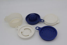 Tupperware Küchenperle blau/weiß D215 Zitronenpresse Reibe Eitrenner Behälter Deckel