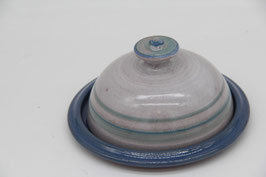 Keramikdose Käseglocke blau grau Keramik Handarbeit rund Butterdose Platte Haube