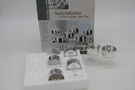 6er Set Teelichthalter Silver line Glas mit silbernem Aufsatz auf Fuß Ideenshop