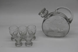Likörkarafe mit 5er Set Gläsern Schnapsgläser Likörflasche Weinreben graviert