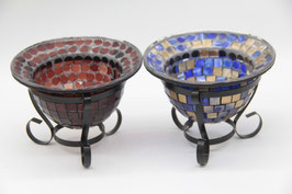 2er Set Mosaik Windlicht auf Fuß Glaswindlicht bunt blau rot Orient Mosaikschale