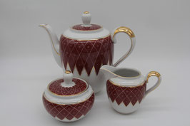 3tlg. Set A.F. Kahla Handmalerei Kaffeekanne Zuckerdose Milchkännchen Porzellan rot gold