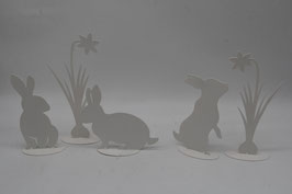 5tlg. Set weiß Metalldeko Hasen und Blumen Glockenblumen Osterhasen
