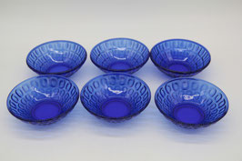 6er Set kleine blaue DDR Dessertschälchen Muster Schalen Glas