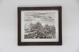 alt Linolschnitt Feldweg gerahmt Handarbeit schwarz weiß Bild Holzrahmen Landschaft