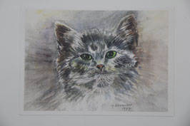 Farbdruck Aquarell Katzenportrait von Charlotte Schwenker 1994 Kunstdruck