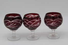 3er Set Kristall-Glas rubinrot Überfang kurzstielige Weingläser Likörgläser