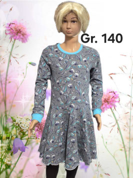Handmade Tellerrockkleid Gr. 140 langarm Blumen/türkis grau Jersey mitwachsend