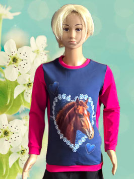 Pullover Gr. wählbar Pferde/Herz blau/pink