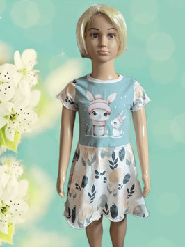 Kleid Gr. 110 kurzarm beige/petrol/mint Bügelbild Hase