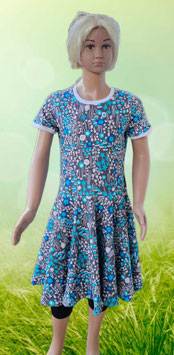 Handmade Tellerrockkleid Gr. 146 kurzarm Blumen/türkis grau mitwachsend