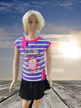 Handmade Tshirt Gr. 128 Eule flieder/pink mitwachsend