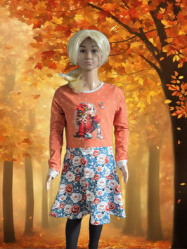 Handmade Kleid Gr. 140 langarm Herbstmädchen Bügelbild/Blumen mitwachsend