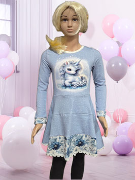Handmade Kleid Gr. 122 hellblau/Einhorn/Blumenrand mitwachsend
