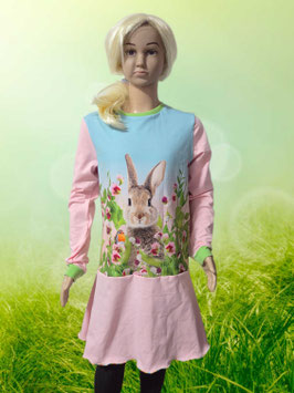 Handmade Kleid Gr. 140 langarm Hase/rose Jersey mitwachsend