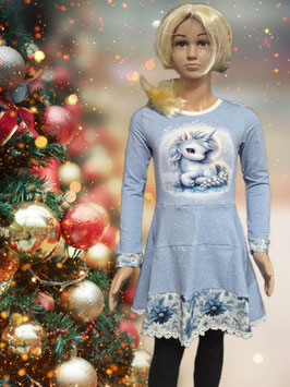 Kleid Gr. 122 hellblau/Einhorn/Blumenrand