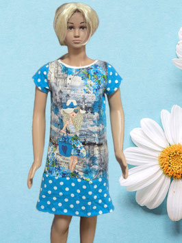 Handmade Kleid Gr. 134 blaue Punkte/Motiv Jersey mitwachsend