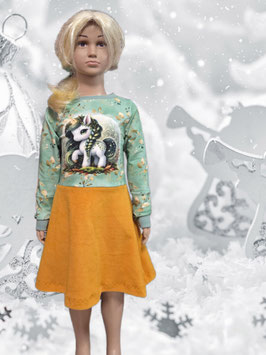 Handmade Kleid Gr. 116 langarm grün Einhorn/senfarben mitwachsend