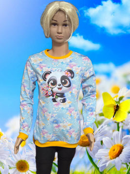 Handmade Pullover Gr. 134 Panda/Blumen Jersey mitwachsend
