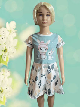 Handmade Kleid Gr. 110 kurzarm beige/petrol/mint Bügelbild Hase Jersey mitwachsend