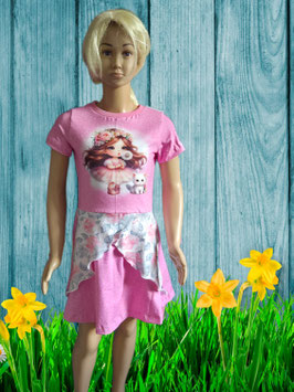 Handmade Kleid Gr. 128 kurzarm rosa/Mädchen/Pusteblume/Katze Jersey mitwachsend