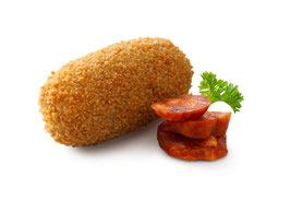 Croqueta Chorizo. 30 gram per stuk.  48 stuks in een doos. 1,44 kg.