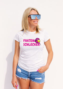 Damenshirt weiß „Faktenschlecker pink“ - mit Österreich ist Frei Logo am Ärmel
