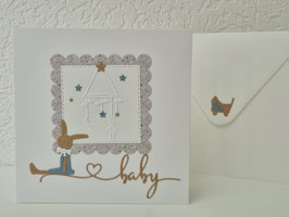 Grußkarte, Geburt Herz-Baby Hase natur-weiß-blau 13,5x13,5cm