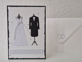 Grußkarte, Hochzeit Kleiderpuppen mit Kleid und Anzug 10,5x15cm