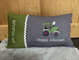 Namenskissen Kissen Trecker Traktor grau grün Name Datum