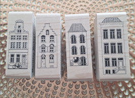 4 Amsterdamse grachtenhuisjes houten stempel nieuw