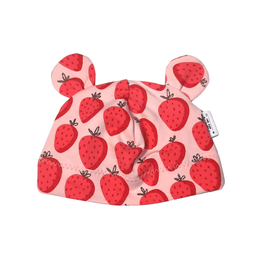Süße Öhrchenmütze KU 33-35 cm, rosa mit pinken Erdbeeren und Glitzer