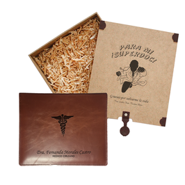 Porta recetario de piel sintética Cordovan y caja de madera