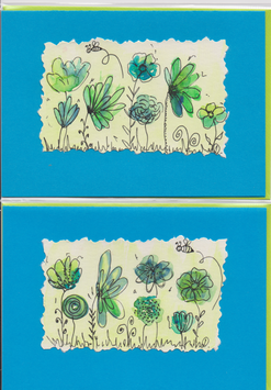 2 Aquarell-Faltkarten: Blumenwiese türkis