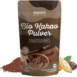 Bio Kakao Pulver 1 kg (1000g) Monte Nativo – Premium Rohkakaopulver – zuckerarm - nährstoffreich und fein gemahlen - stark entölt – aus kontrolliert biologischem Anbau - frei von Zusatzstoffen