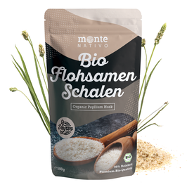 Bio Flohsamenschalen von MonteNativo – 500 g | 99 % Reinheit wertvoller Ballaststoffe | Flohsamenschalen aus Indien, geprüft und abgefüllt in Deutschland