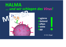 Postkarte zu Corona-Regeln: "HALMA - Wir schlagen das Virus!" auf dunkelblauem Hintergrund, Farbdruck, Punkt 5: Corona App-Nutzung