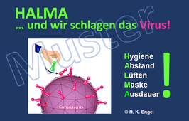 Postkarte zu Corona-Regeln: "HALMA - Wir schlagen das Virus!" auf dunkelblauem Hintergrund, Farbdruck, Punkt 5: Ausdauer